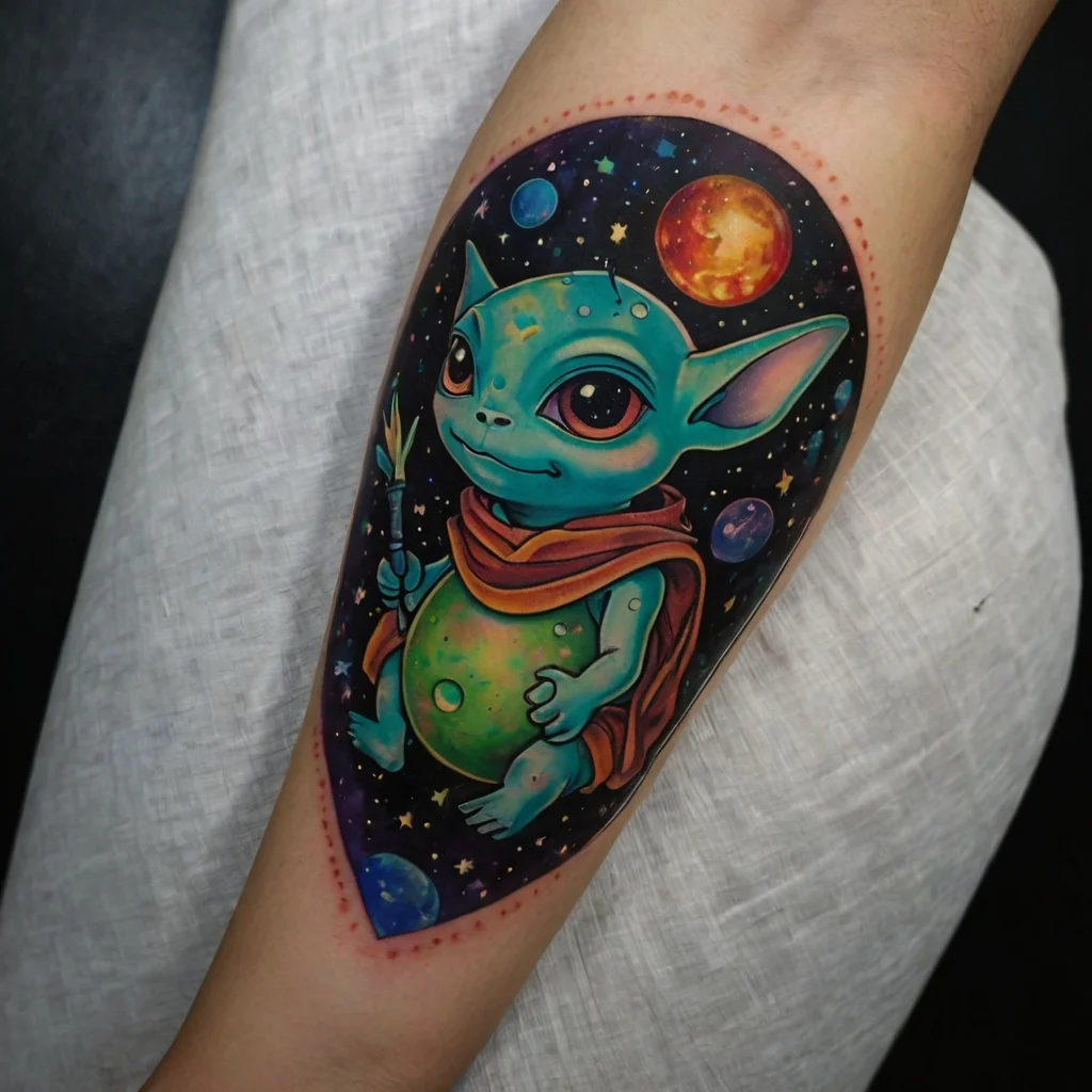 A colorful tattoo of a cute, alien-like character holding a stick, set against a vibrant cosmic background with planets and stars.