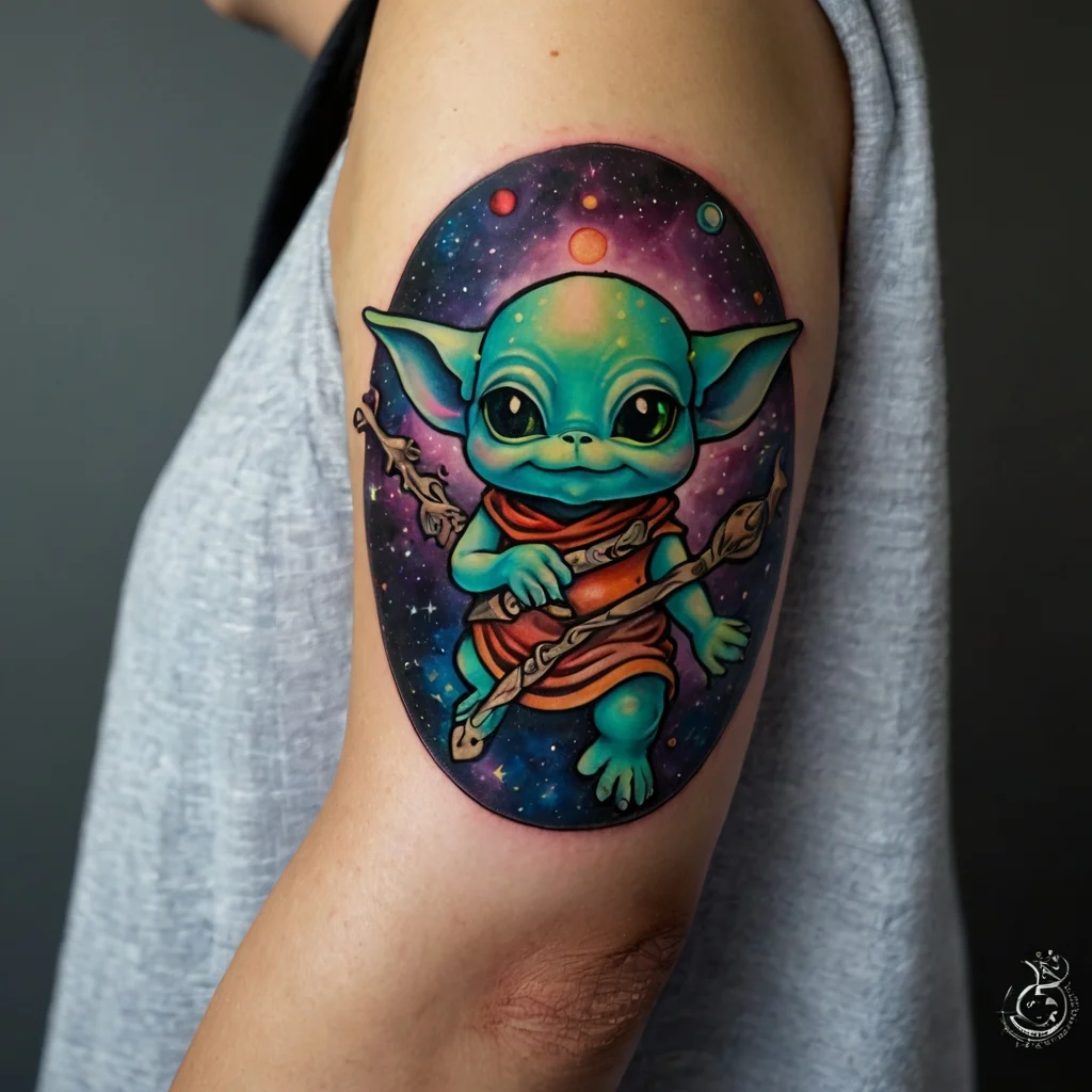 Tattoo of a cute green creature in a space-themed background, holding a staff, with vibrant colors and detailed shading.