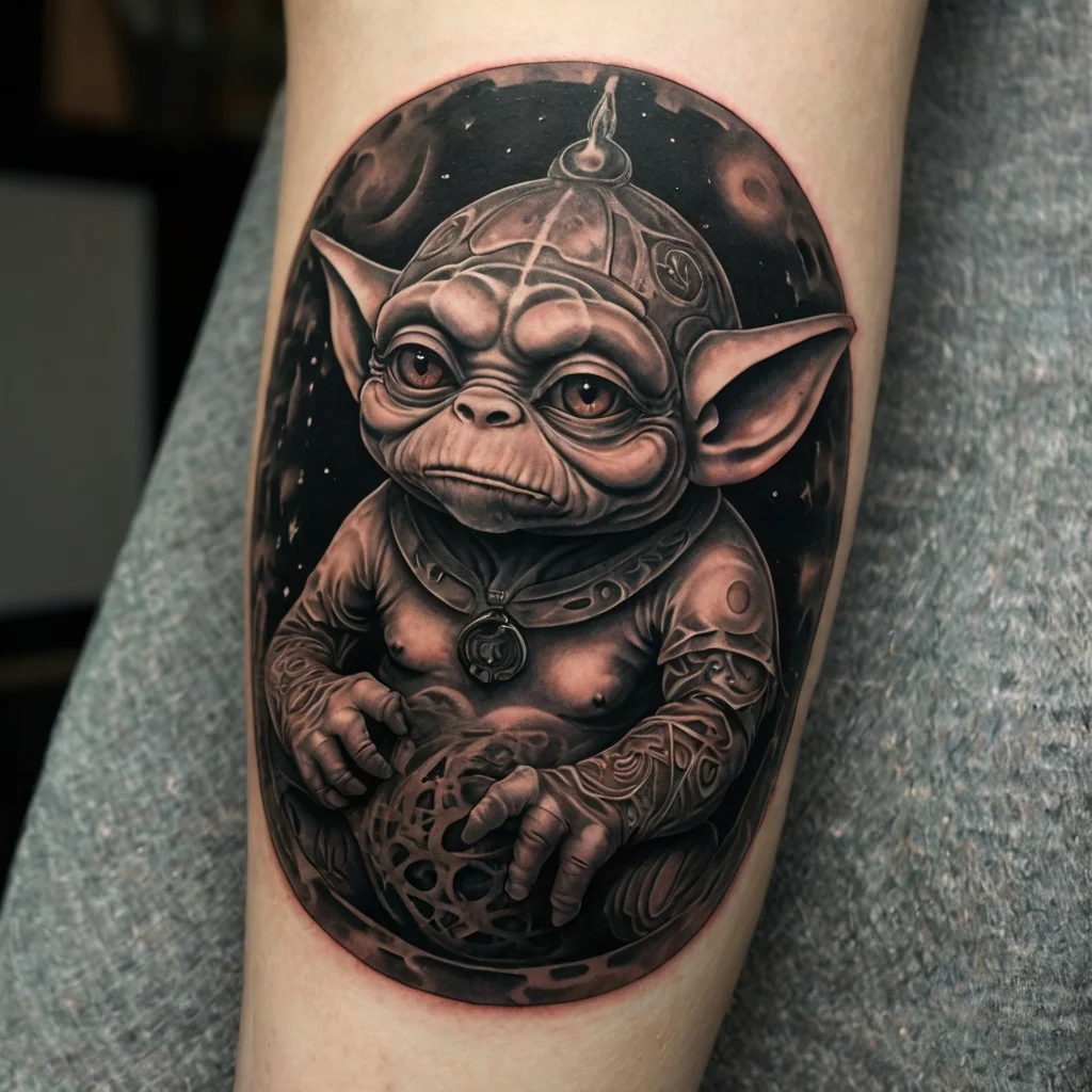 Tattoo of a baby Yoda-like alien in armor, holding a spherical object against a cosmic background, detailed in monochrome.