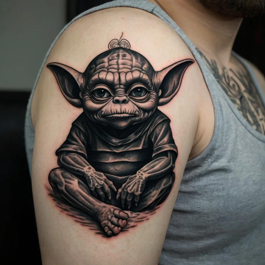 Tattoo of a stylized, seated alien with large ears and detailed shading on the upper arm, showcasing intricate realism.