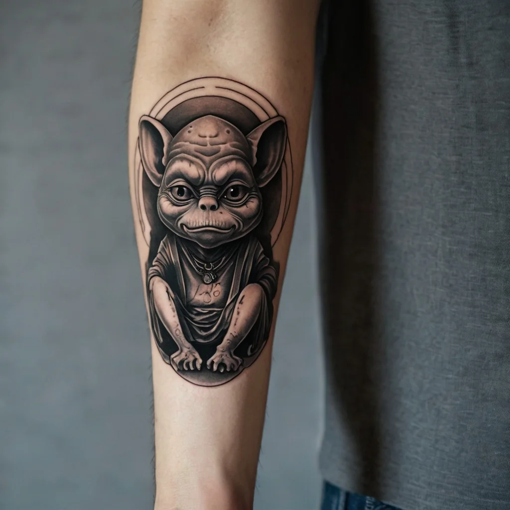 Black and grey tattoo of a cartoonish creature sitting with a serene smile, featuring large ears and detailed shading.