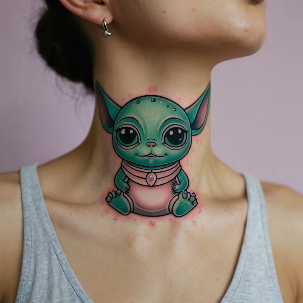 Colorful, cartoon-style tattoo of a cute, big-eared creature sitting, inked on the neck with shades of green and pink.