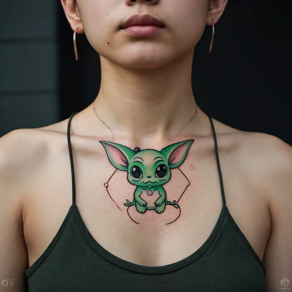 Tattoo of a cute green creature with big ears and wide eyes, sitting at the center of a geometric hexagon on the chest.