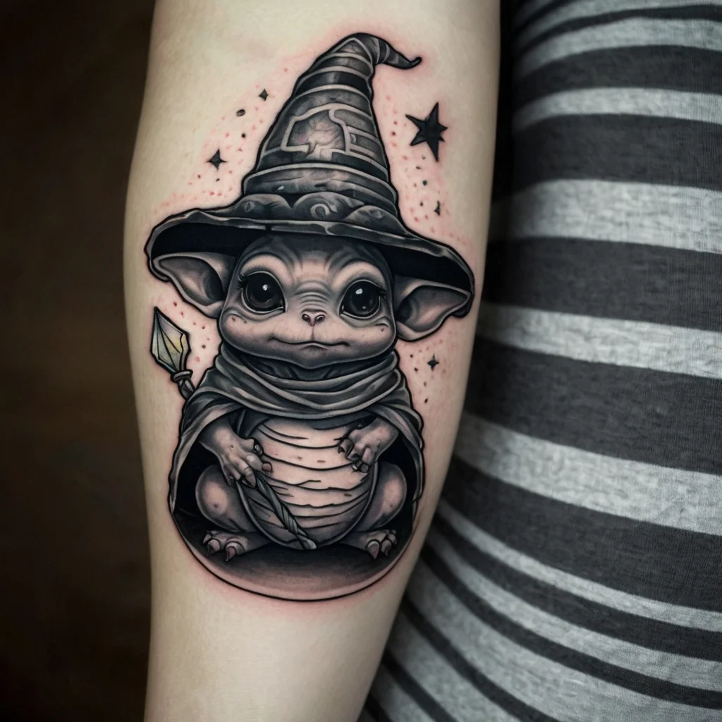 Tattoo of a cute creature in a wizard hat, holding a staff, with stars around. Detailed shading and fantasy theme.