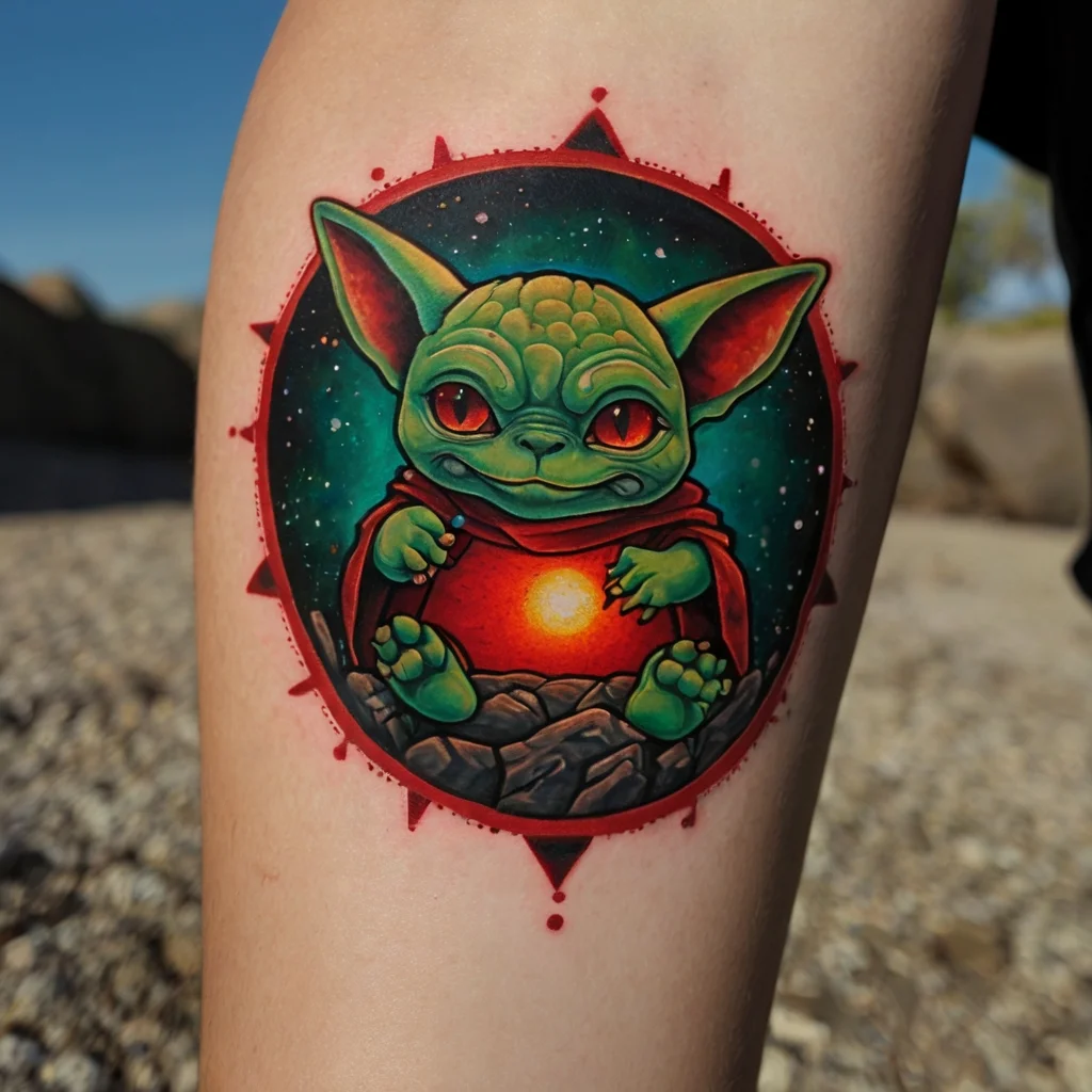 A tattoo of a green, big-eared alien holding a glowing orb, set against a cosmic background with red accents.