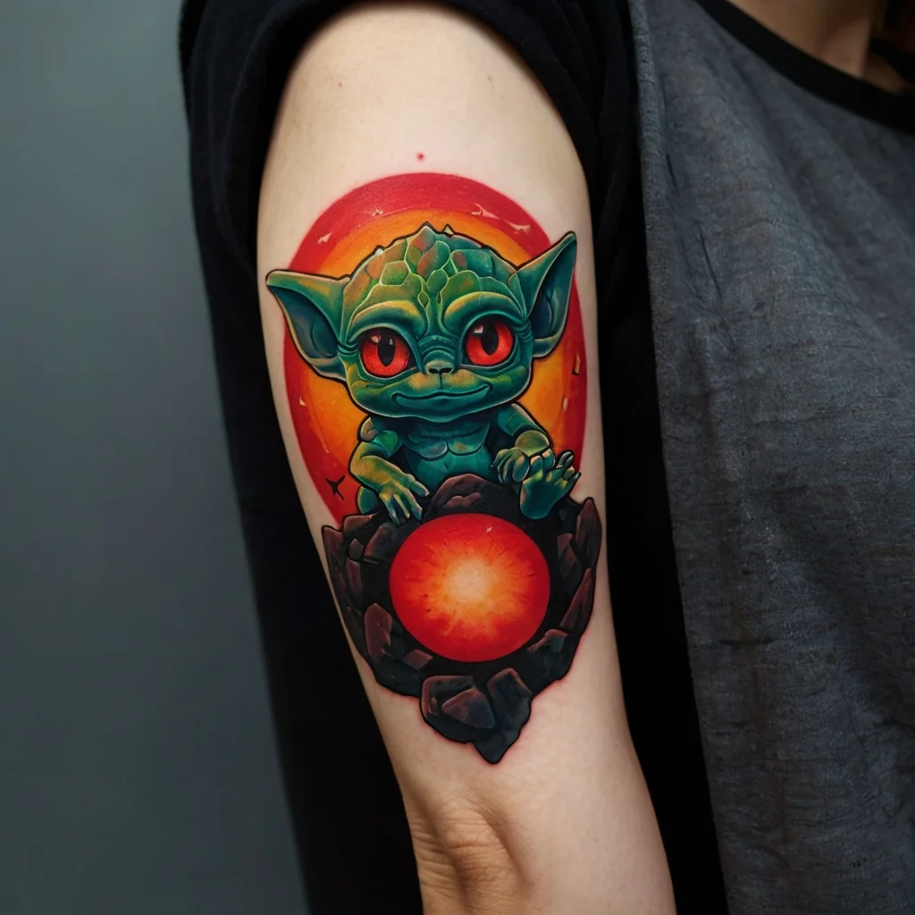 Tattoo of a cute, green creature holding a glowing orange orb, set against a vibrant red and orange background.