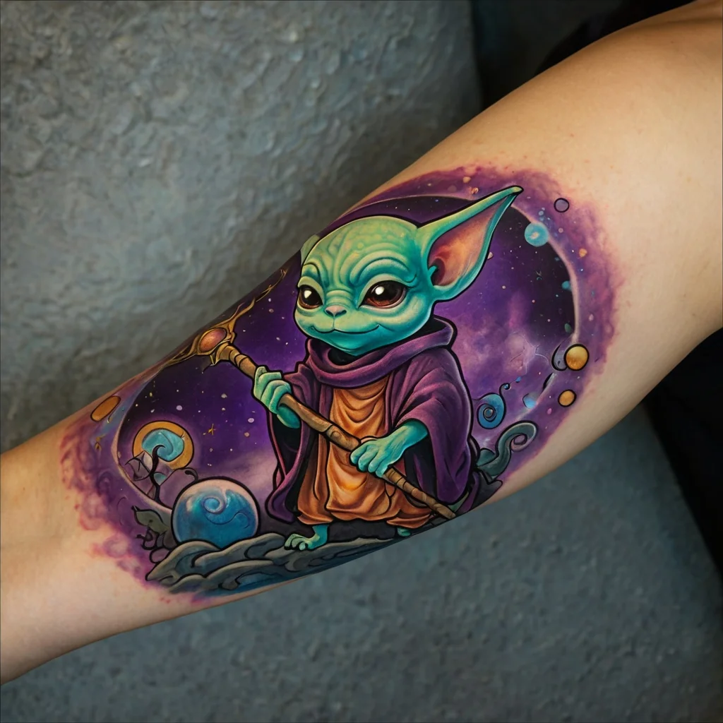 Colorful tattoo of a cute alien creature in a robe, holding a staff, set against a cosmic background with planets.