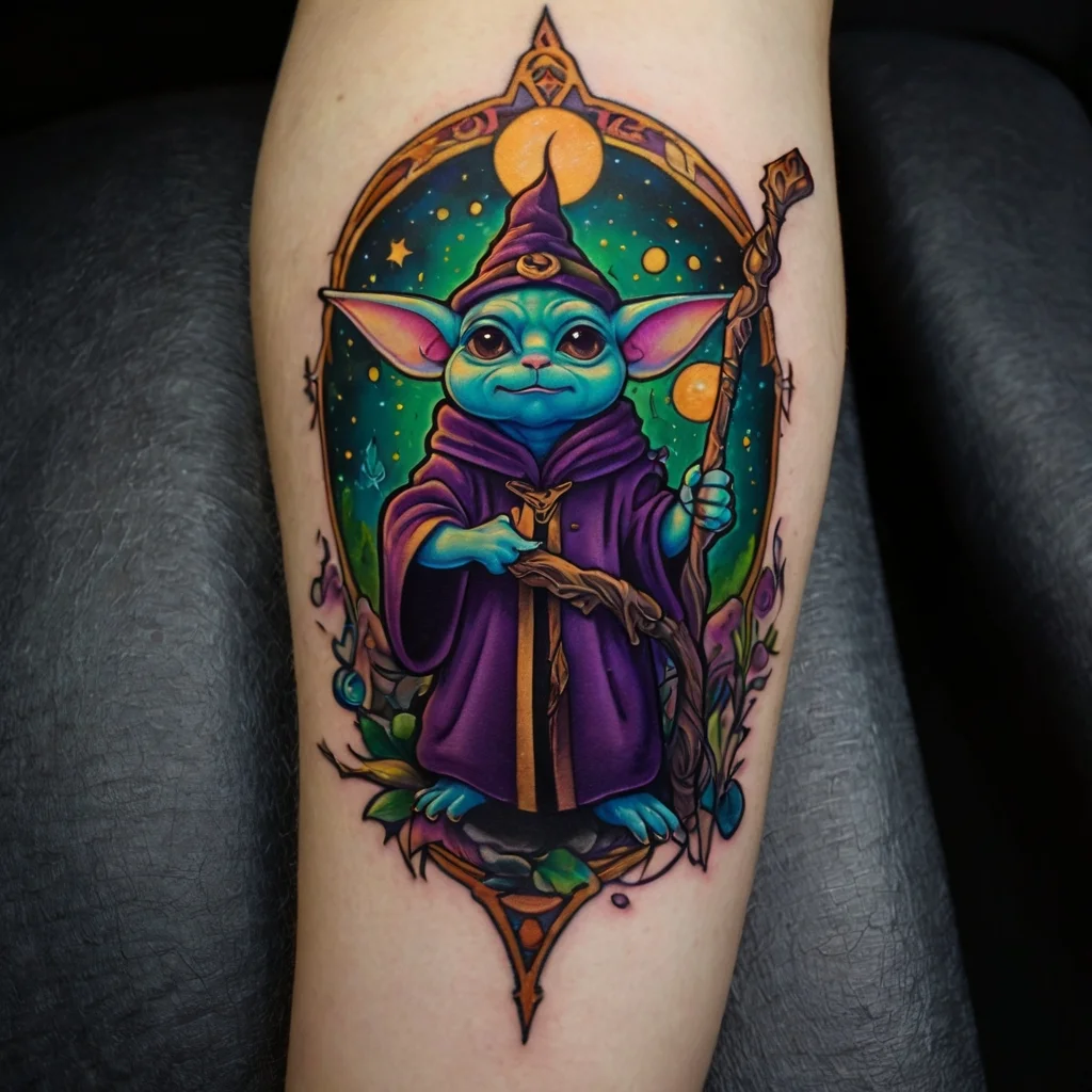 Colorful wizard creature in a purple robe with a staff, set against a mystical, starry background with vibrant hues.