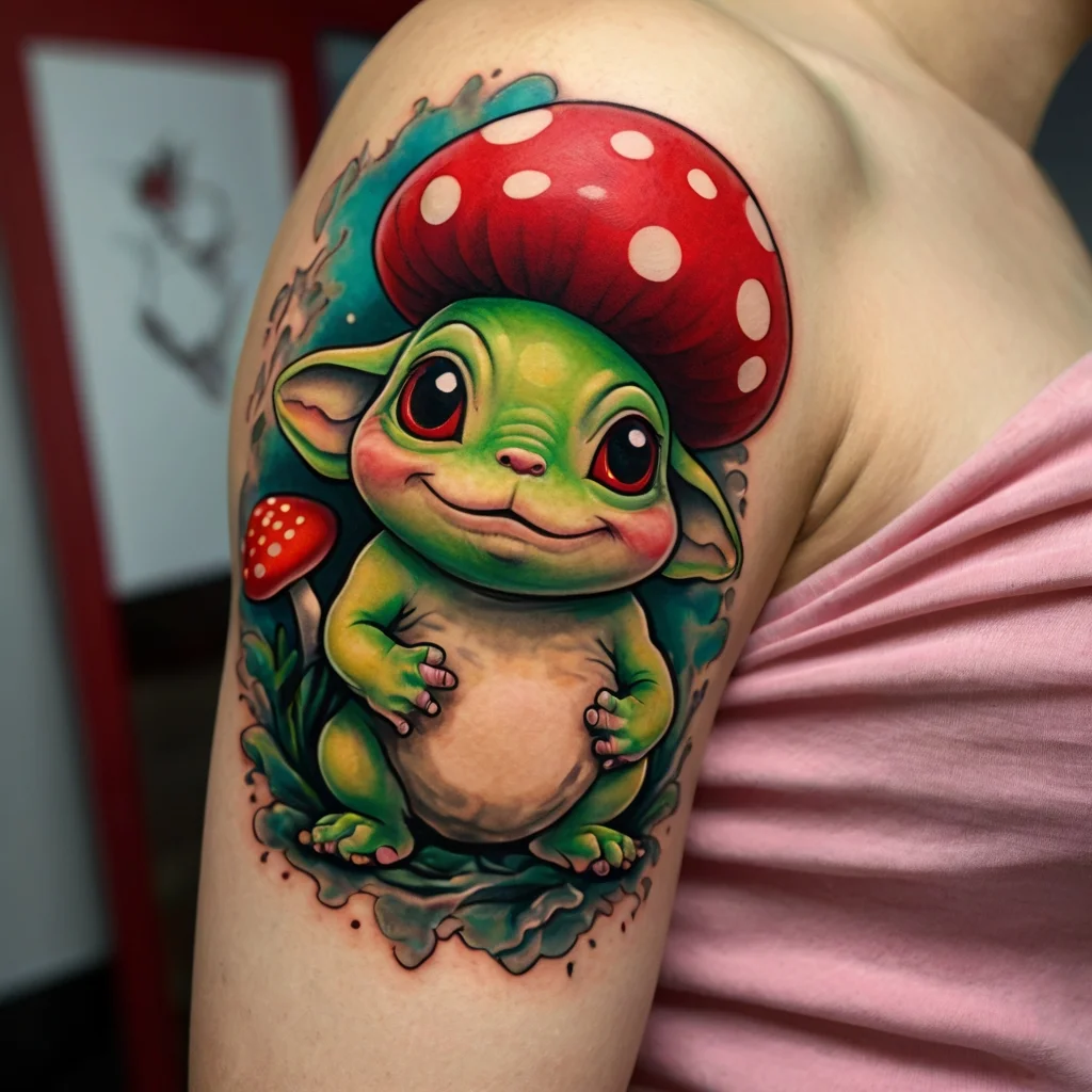 Colorful tattoo of a cute green creature with big eyes, under a red mushroom cap, vibrant and whimsical design.