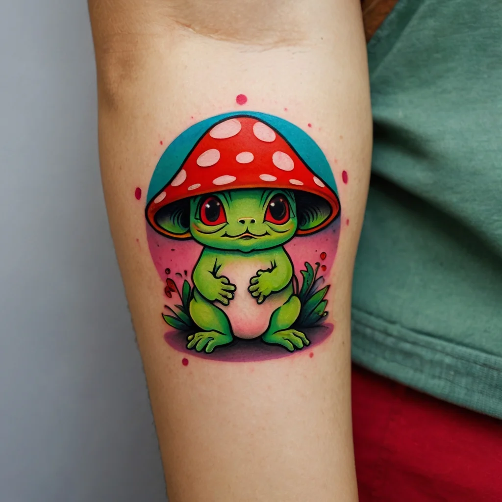 Vibrant tattoo of a cute green creature with big eyes under a red mushroom cap, surrounded by grass and pink accents.