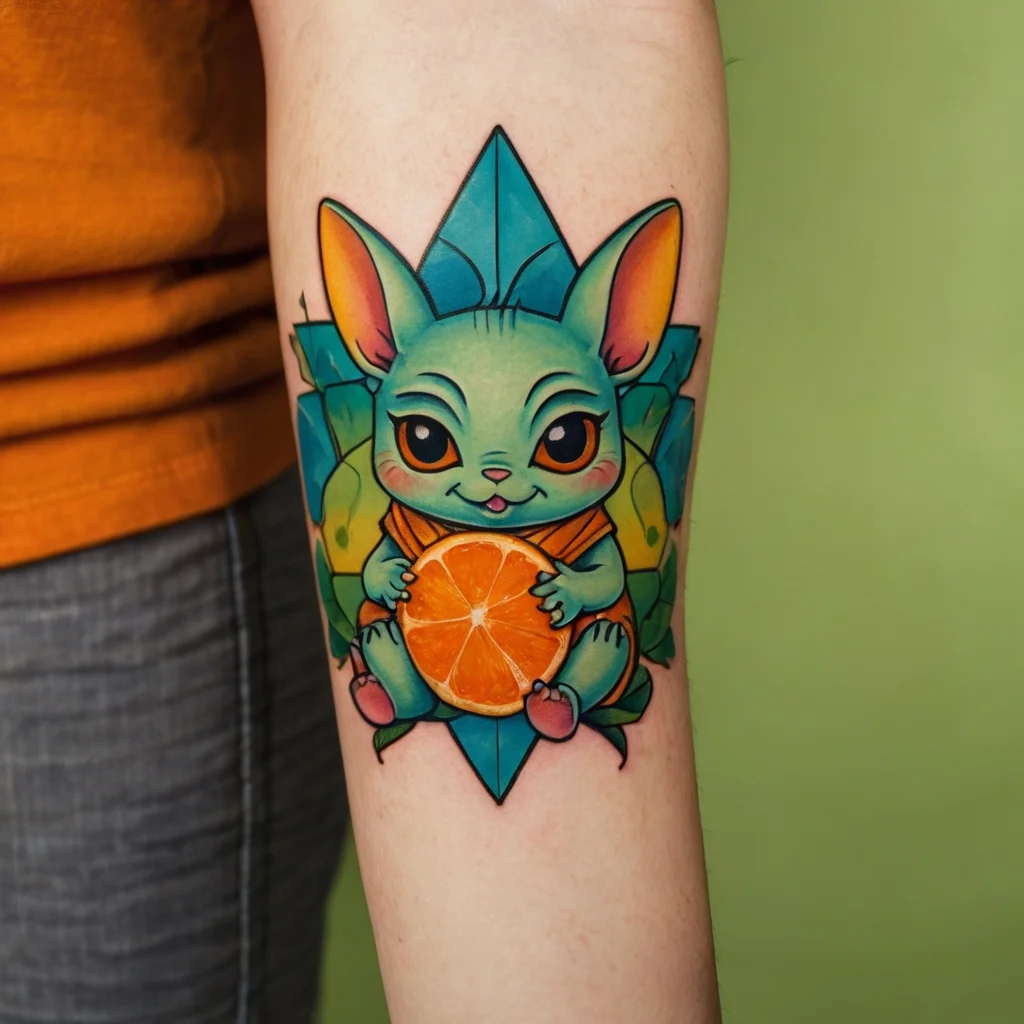 Tattoo of a cute green creature holding an orange slice, surrounded by vibrant geometric shapes and bold colors.