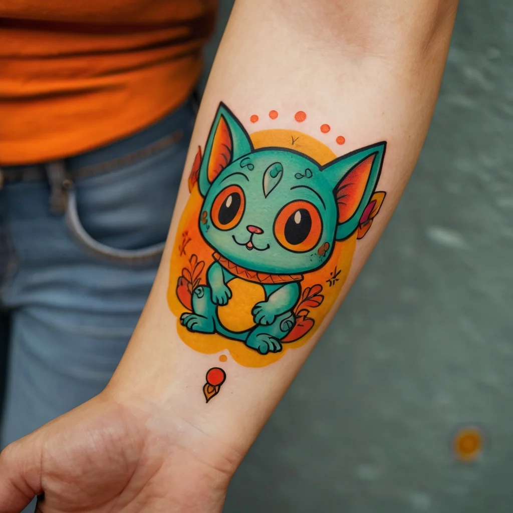 Colorful cartoon cat tattoo with big eyes, teal fur, and orange accents, surrounded by a warm orange circle and leaves.