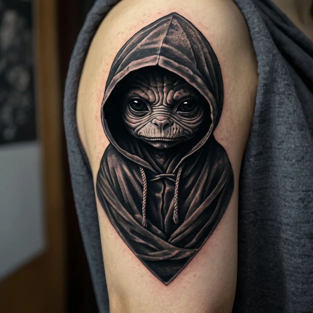 Tattoo of a hooded alien figure on an arm, showcasing detailed shading and lifelike texturing in monochrome.