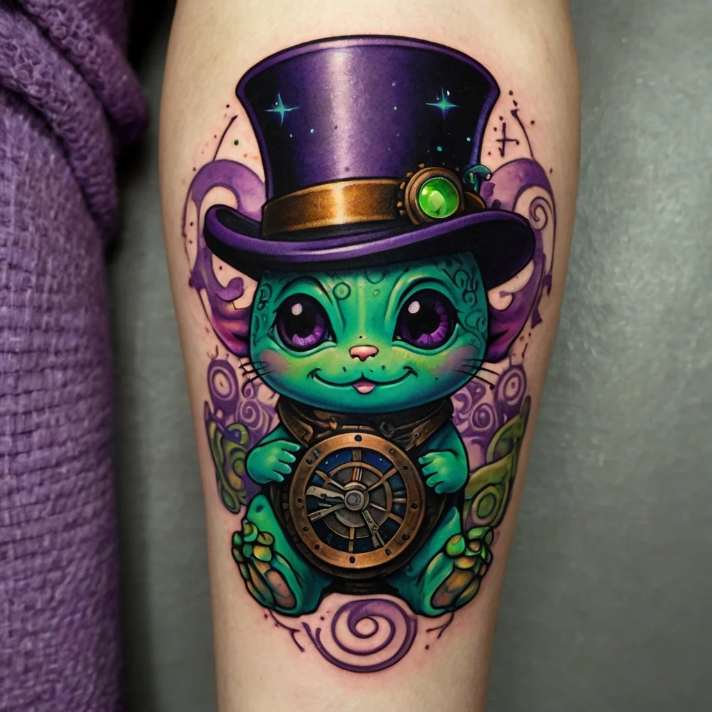 Steampunk fantasy creature in a top hat, with vibrant colors and intricate clockwork details on its chest.