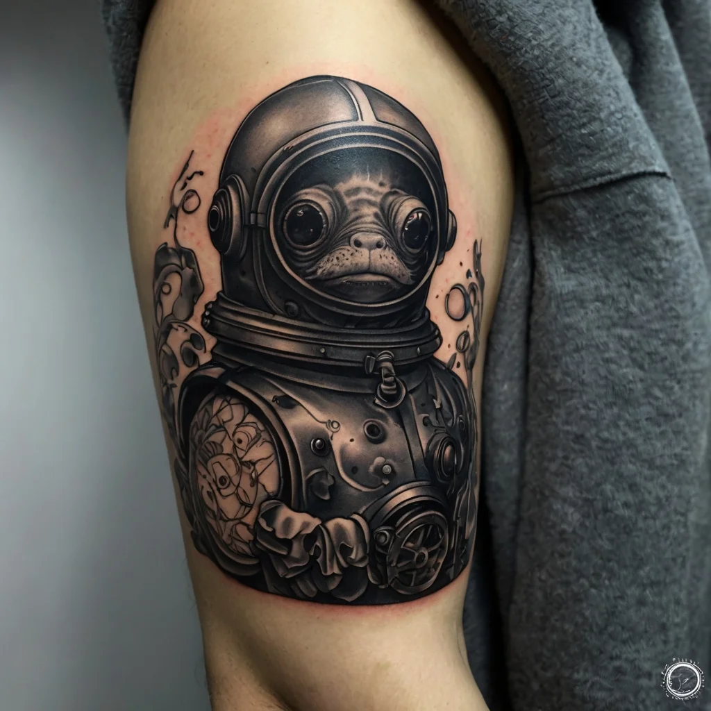 Tattoo of a seal in a vintage diving suit, detailed with intricate mechanical elements and oceanic background motifs.