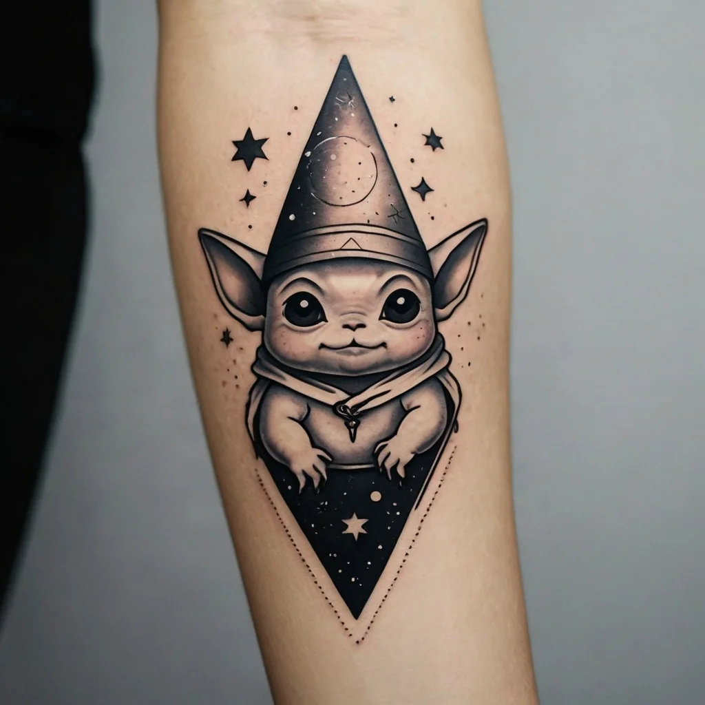 Tattoo of a cute creature wearing a wizard hat, set within a starry night scene on the forearm.