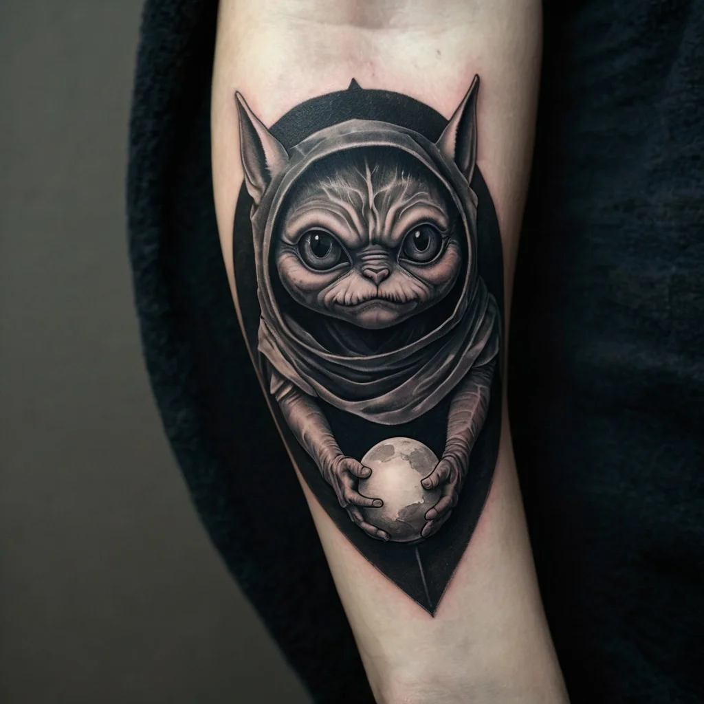 Tattoo of a mystical cat-like creature in a hood, holding a glowing orb, showcasing fine black and gray shading.