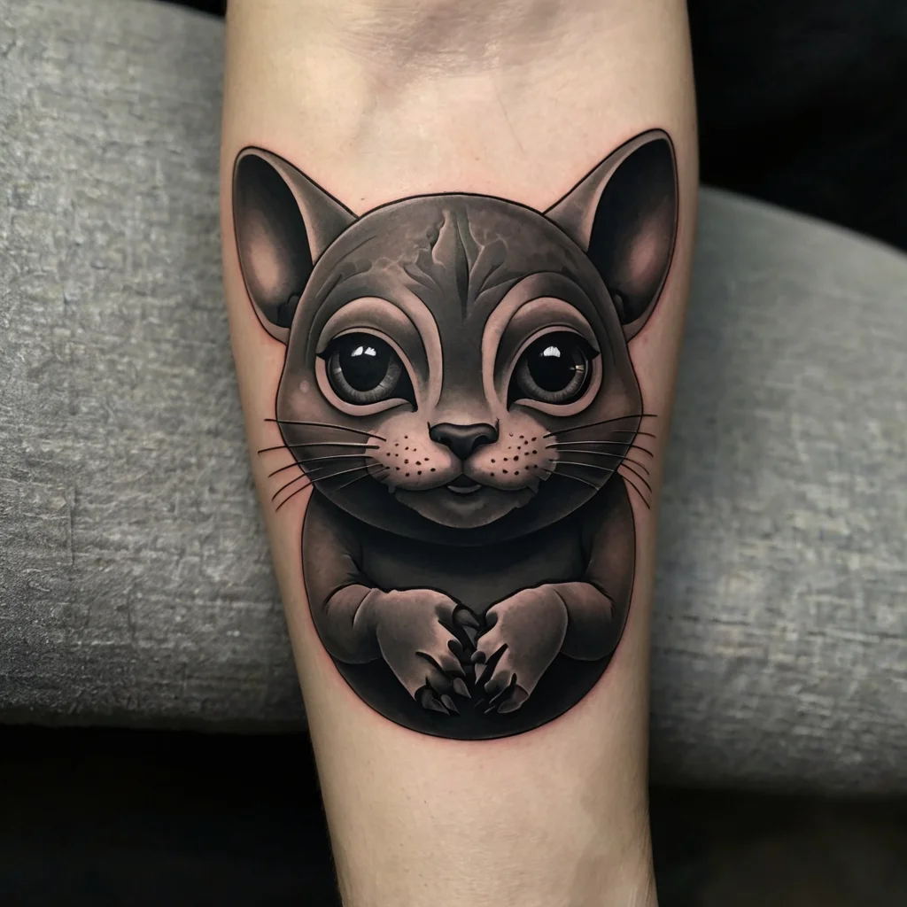 Tattoo of a cartoonish creature with large eyes, detailed shading, and a realistic 3D effect on a forearm.