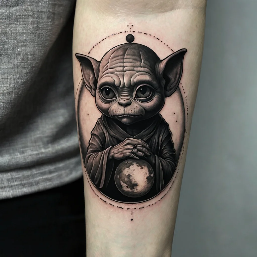 Tattoo of a wise, large-eared creature holding a planet, set within an ornate oval, detailed with fine lines and shading.