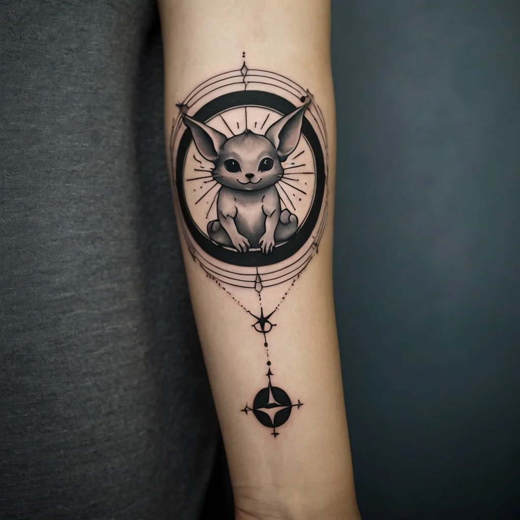 Tattoo of a cute creature inside geometric and celestial designs, detailed with stars and shades on the forearm.