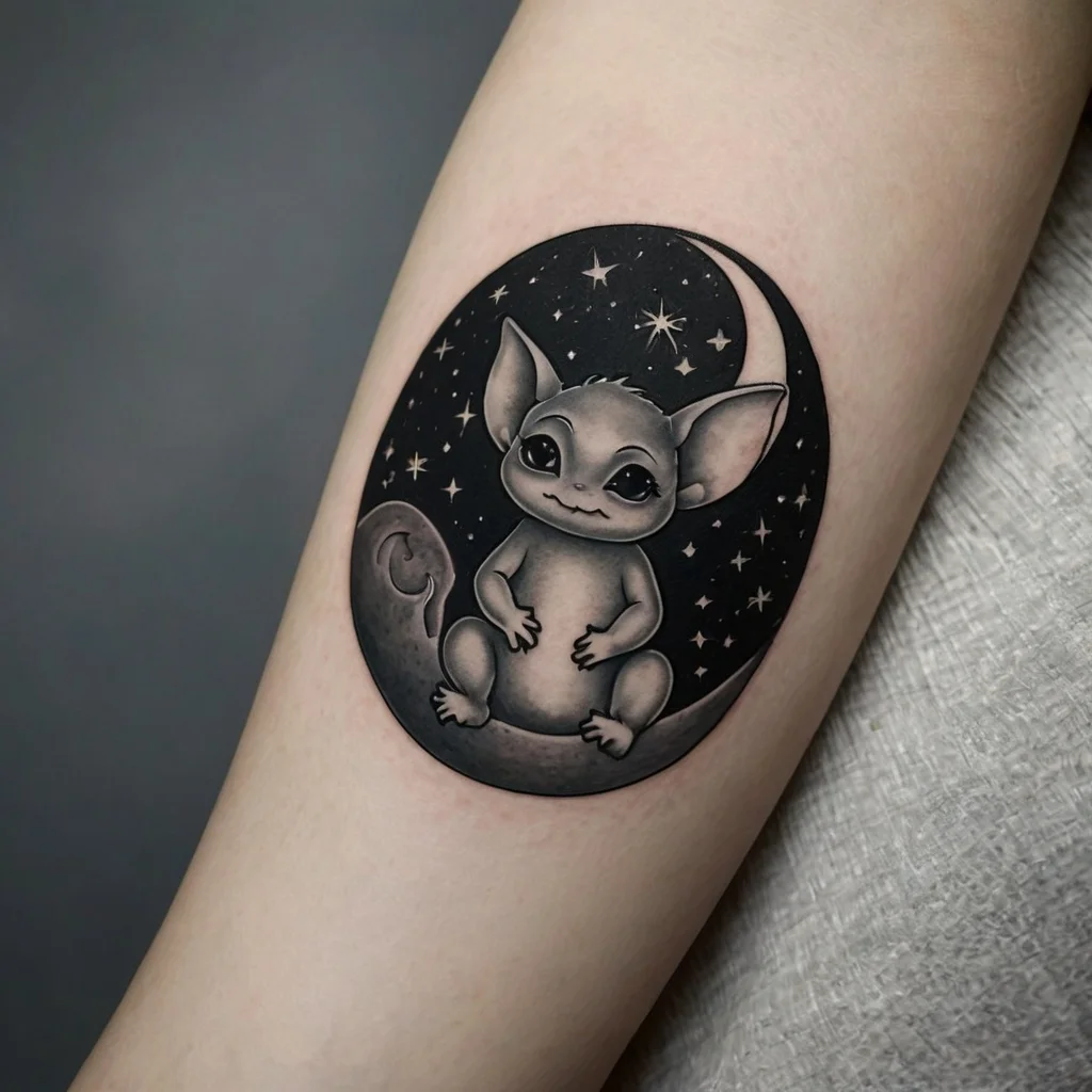 Cute alien tattoo on arm with large eyes, sitting on a crescent moon, surrounded by stars in a dark sky.