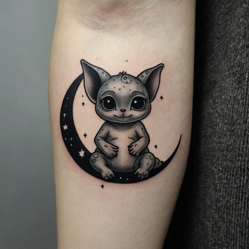 Cute creature tattoo sitting on a crescent moon, surrounded by stars, in soft black and grey tones.