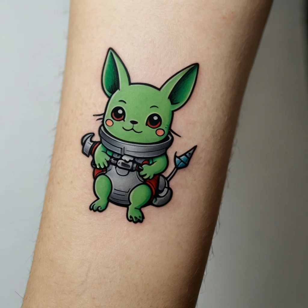 Cute green creature tattoo with big eyes wearing a metallic armor suit, featuring a rocket on its back, in cartoon style.