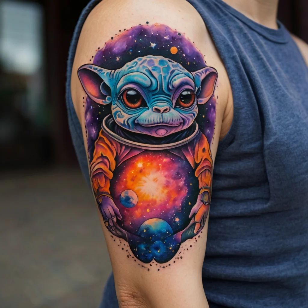 Colorful tattoo of an alien creature in space, holding a cosmic scene with planets and a nebula, on the upper arm.