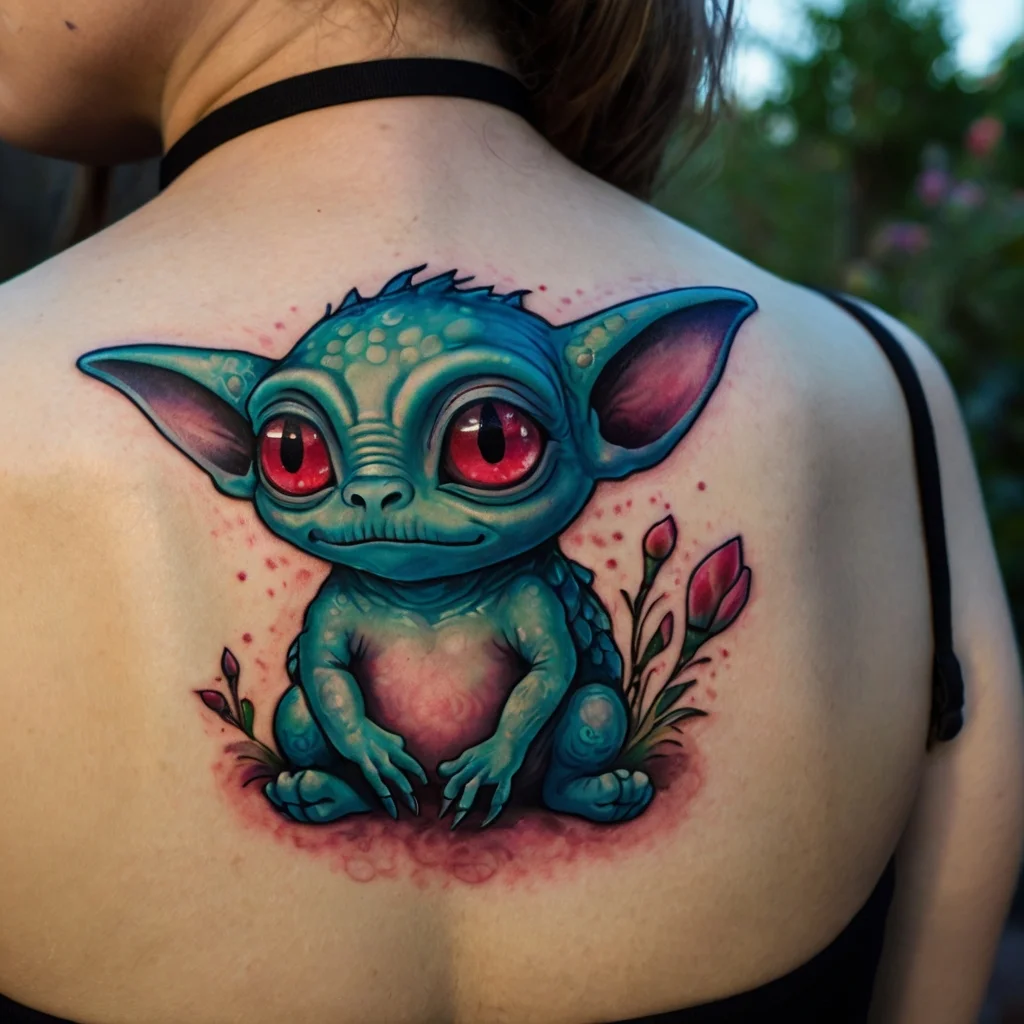 A vibrant tattoo of a cute, big-eyed creature resembling folklore, in blues and pinks, surrounded by buds and leaves.