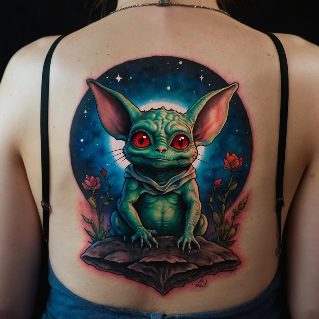 Tattoo of a green creature with red eyes sitting on a rock, surrounded by cosmic backdrop and roses.