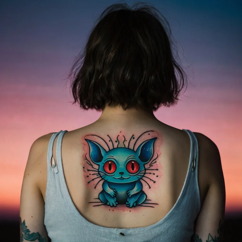 Colorful cartoon cat tattoo with big red eyes and blue fur, seated with stylized lines radiating from it, on upper back.