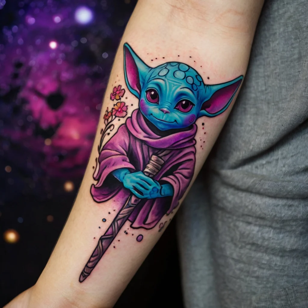 Colorful tattoo of a blue, big-eared character in a robe, holding a staff, with cherry blossoms in the background.