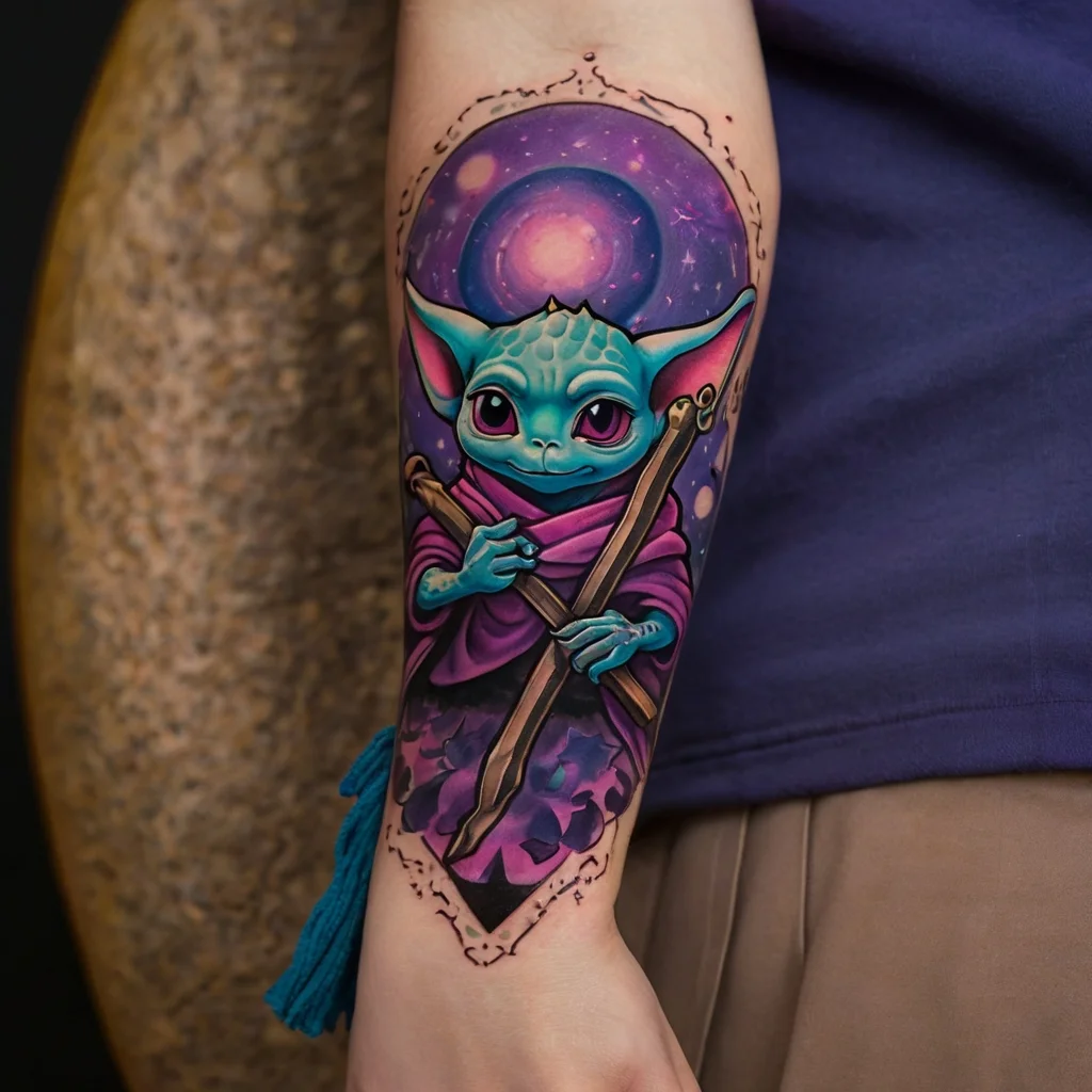 Tattoo of a cute, mythical creature with a large head and big ears, holding a staff against a cosmic, starry background.