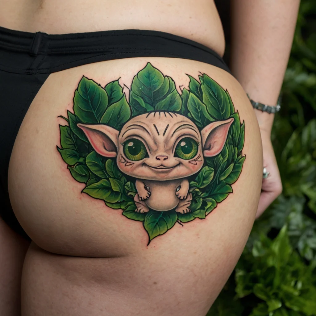 Tattoo of a cute, wide-eyed creature with large ears, surrounded by vibrant green leaves, positioned on the upper thigh.