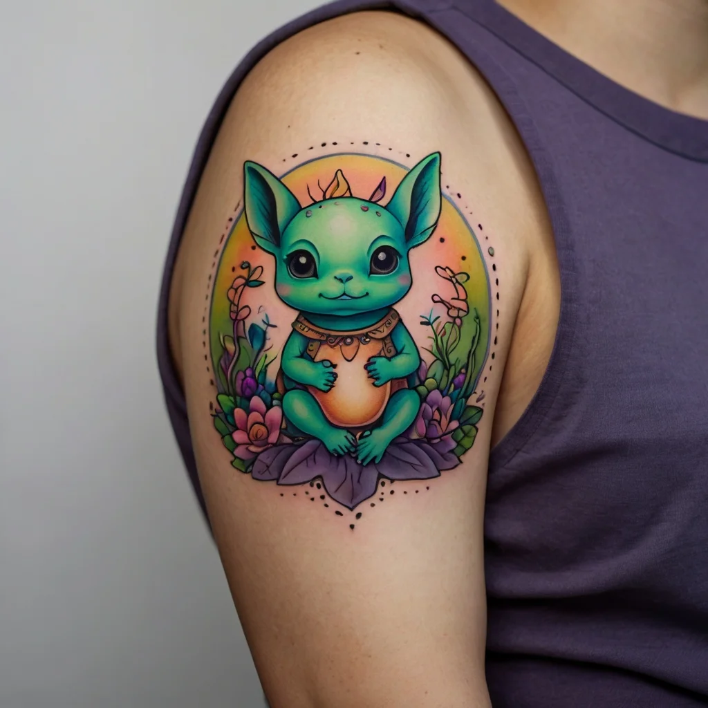 Colorful tattoo of a cute green creature sitting on flowers, with a circular orange-pink background on the upper arm.