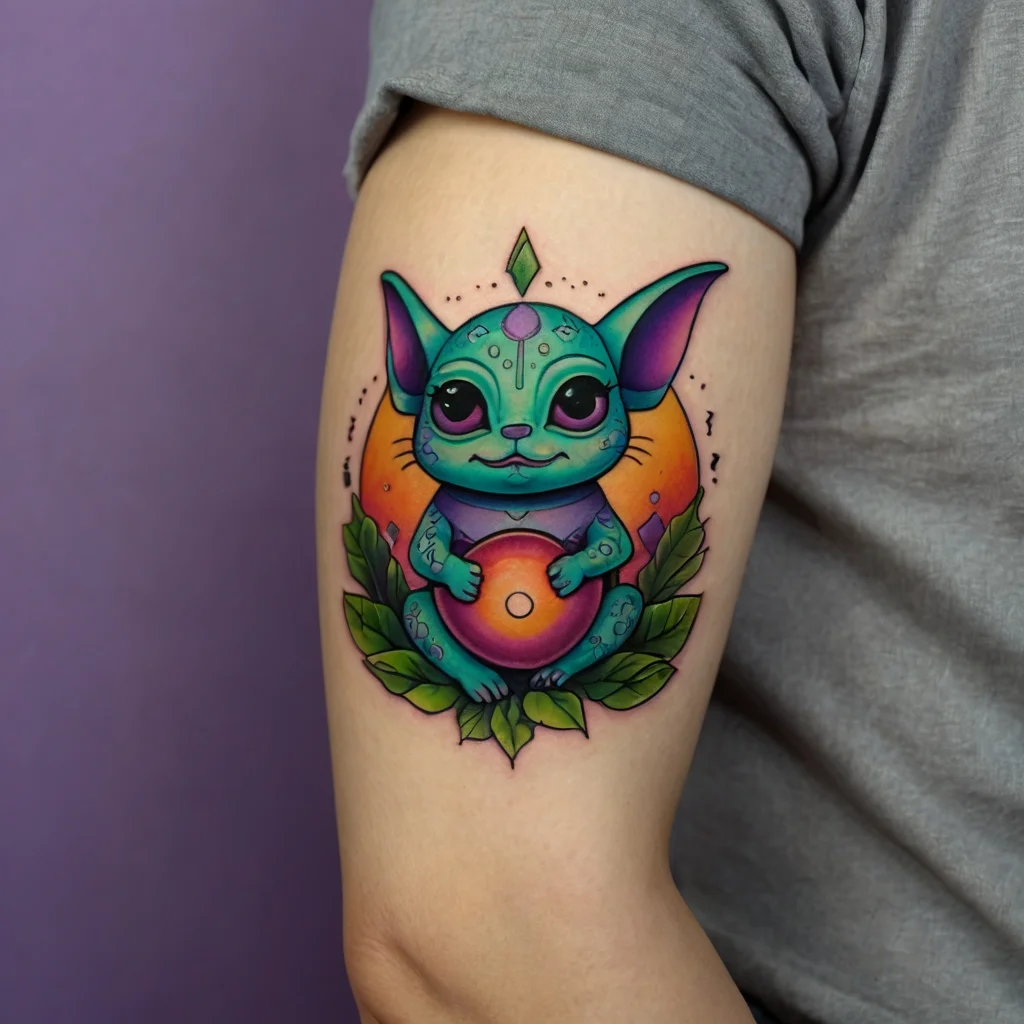 Tattoo of a whimsical teal creature with large ears, holding a sun-like orb, surrounded by leaves and an orange backdrop.