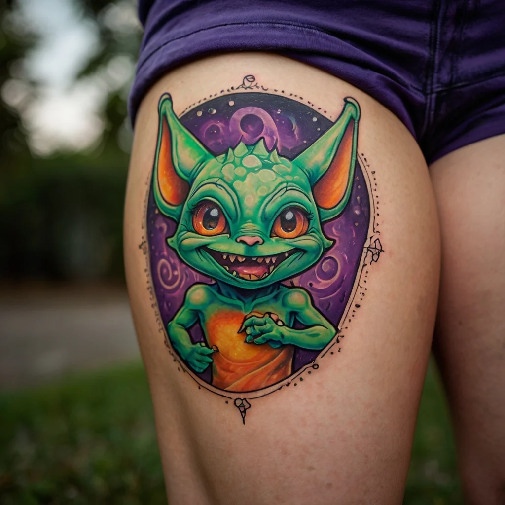 Brightly colored goblin with big ears, playful grin, and swirly purple background framed by dotted lines.