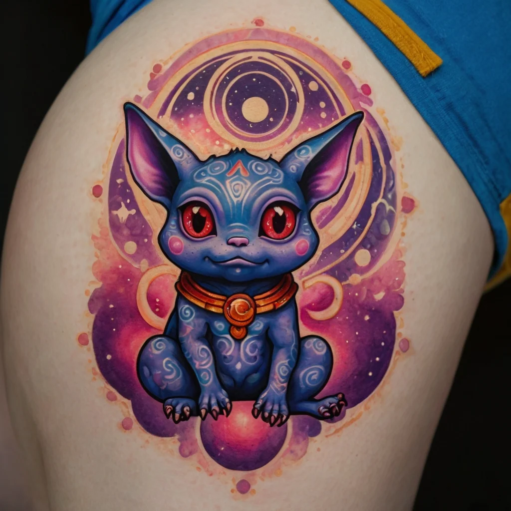 Tattoo of a mystical blue creature with red eyes, set against a cosmic background with swirling galaxies and stars.