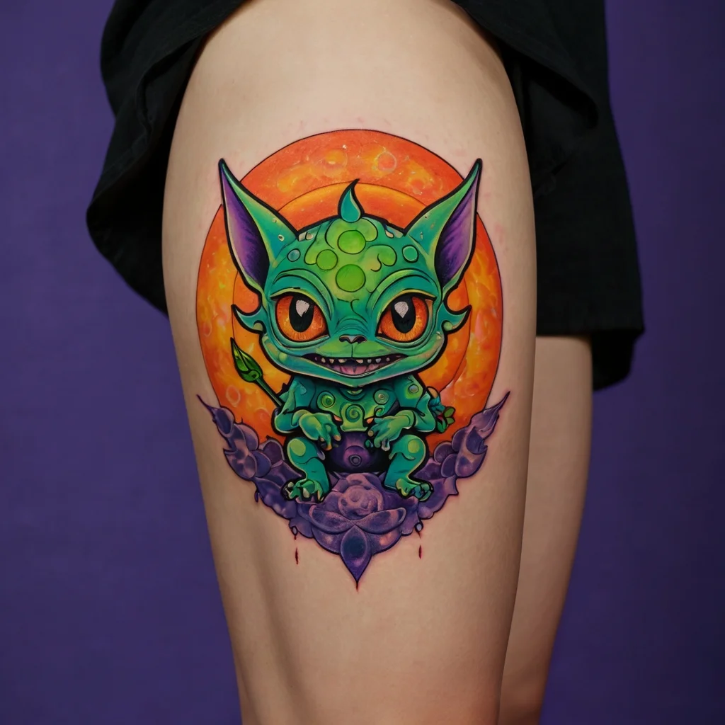 Colorful goblin tattoo with large eyes, seated on purple clouds against an orange orb, blending fantasy and vibrant hues.