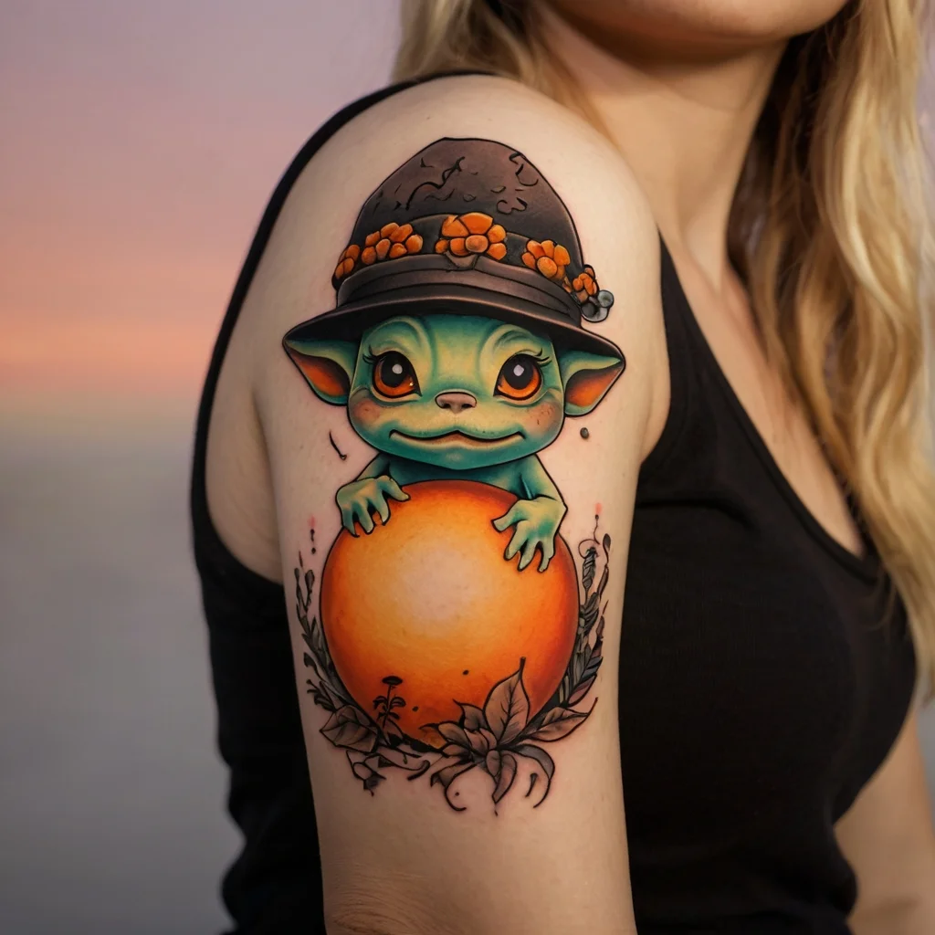 Cute green creature hugging an orange sphere, wearing a hat with flowers, surrounded by leaves and branches.