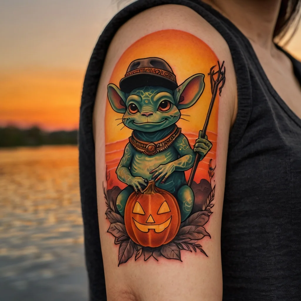 Tattoo of a whimsical creature with big ears holding a pumpkin, set against a vibrant sunset background on the upper arm.