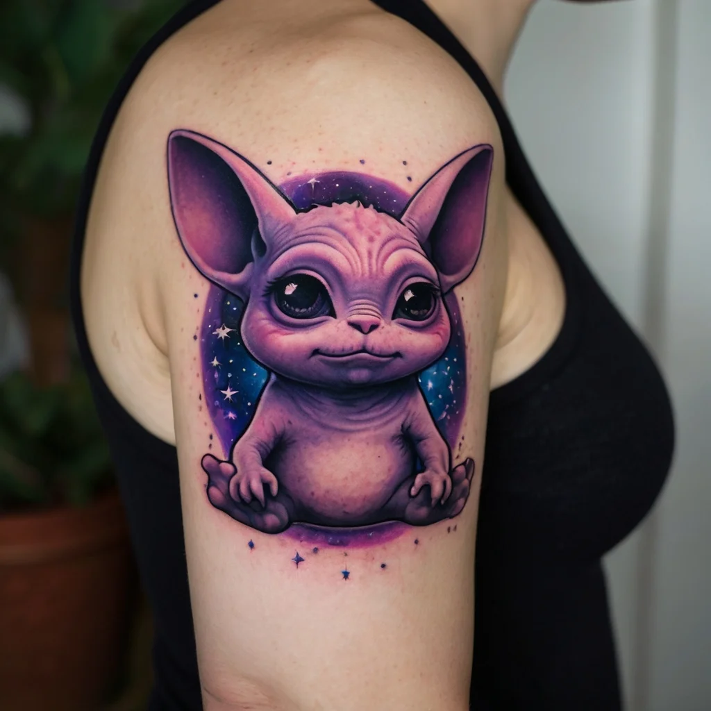 Tattoo of a cute, purple-eyed creature sitting with a cosmic background, blending pinks and blues with star details.