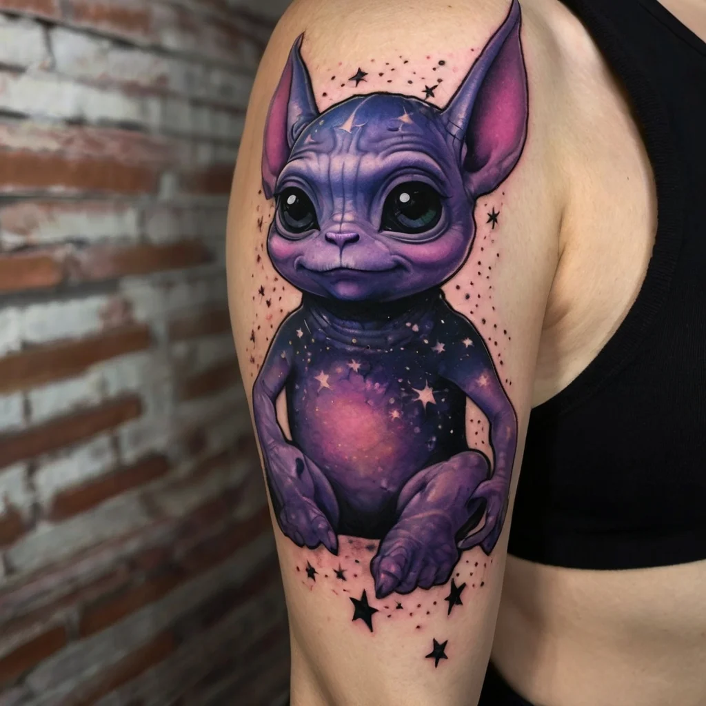 Tattoo of a whimsical, galaxy-themed creature with large eyes and ears, surrounded by stars. Vibrant purple and pink hues.