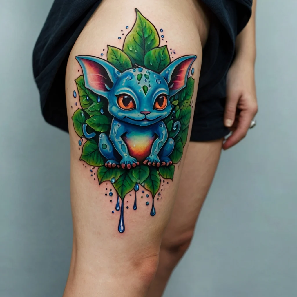 A vibrant tattoo of a blue fantasy creature with large eyes, surrounded by lush green leaves, and dripping elements.