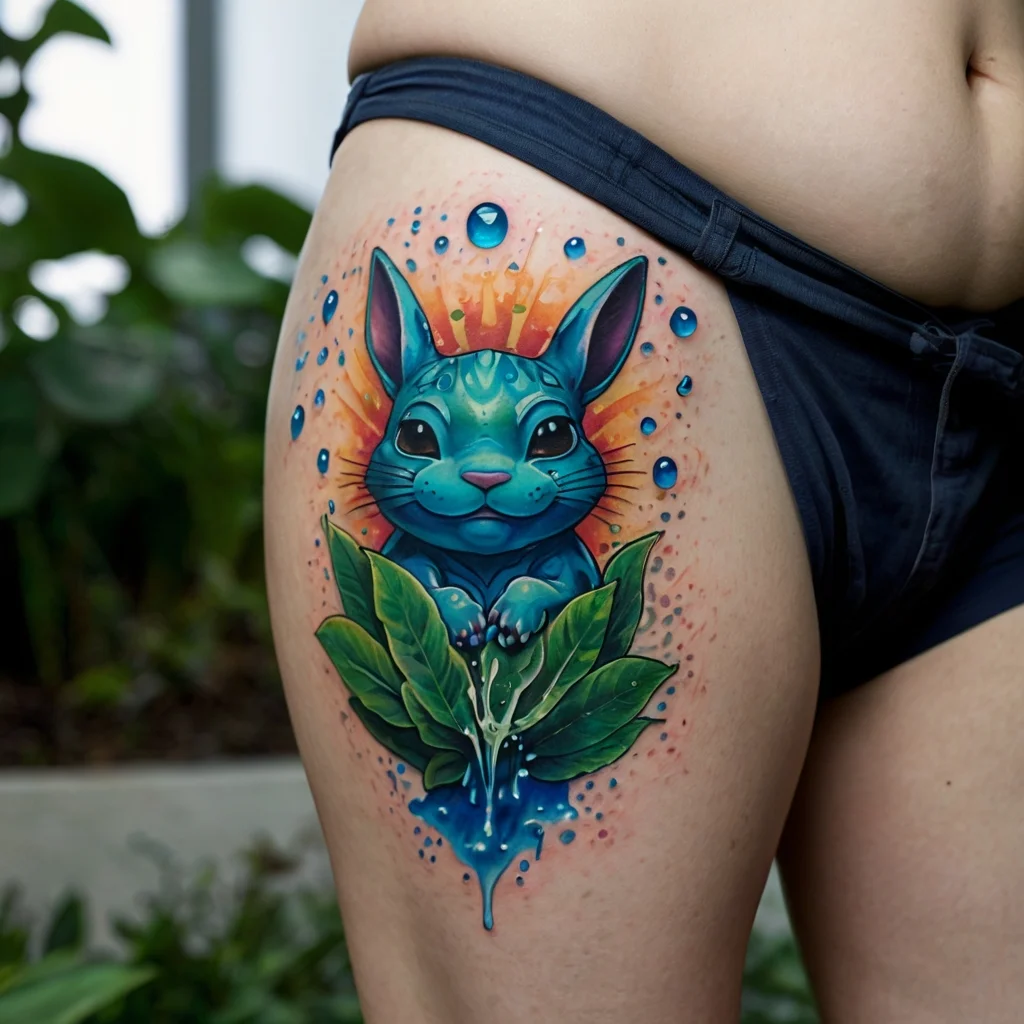 Colorful rabbit tattoo with vibrant blue and green tones, surrounded by leaves and droplets, creating a whimsical look.