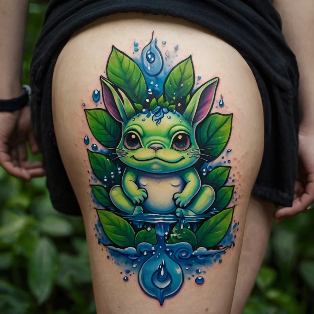 Colorful tattoo of a green, leaf-adorned creature sitting amidst foliage and blue water droplets, creating a whimsical scene.