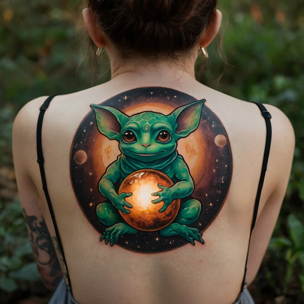 Tattoo of a green creature holding a glowing orb against a cosmic background, featuring planets and stars on the back.