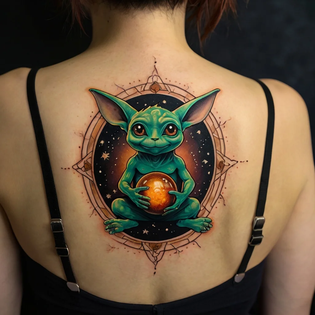 Tattoo of a cute green creature holding an amber orb, set against a cosmic background with geometric patterns.