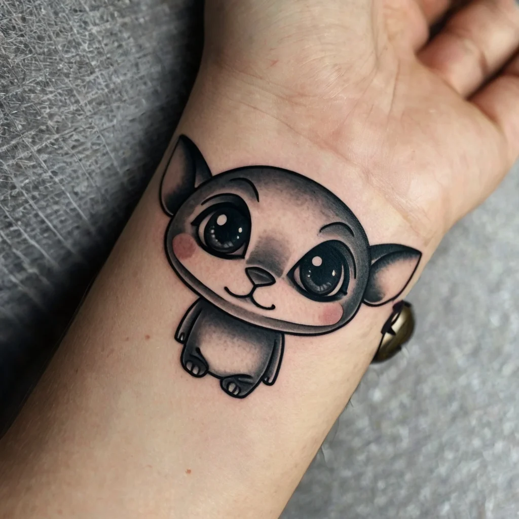 Cute cartoonish animal tattoo with large eyes, rosy cheeks, and a subtle gradient shading on the wrist.