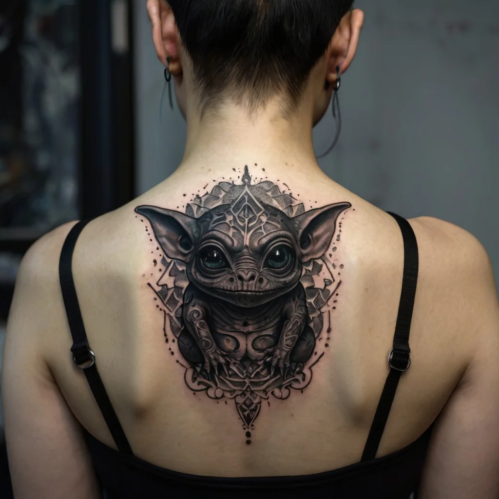 Tattoo of a creature with big ears and eyes on the back, surrounded by intricate mandala patterns, in grayscale.